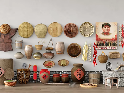 Chinese Vintage Ornaments Old Objects Bucket Ornaments Storage Basket Corn and Pepper Stone Mill Ceramic Jar Vintage Ornaments 3d model