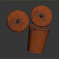 Orange Trash Bins One Standing and One Tipped Over on Dark Surface 3d model