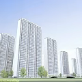 Modern Tall Residential Buildings With Green Lawn Trees And People