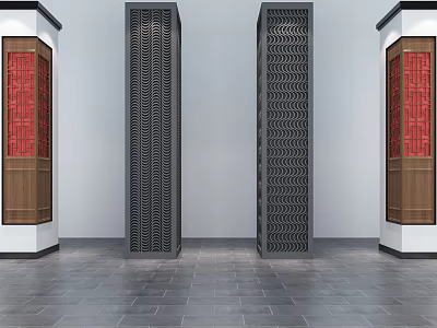 Black Hollowed Pattern Pillars With Red Pattern Wooden Side Pillars White Walls Gray Tiled Floor 3d model