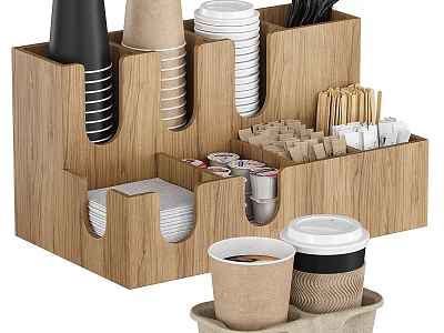 Commercial Equipment Wooden Coffee Cup Organizer with Multiple Compartments for Stirrers Sugar Packets and Creamer 3d model