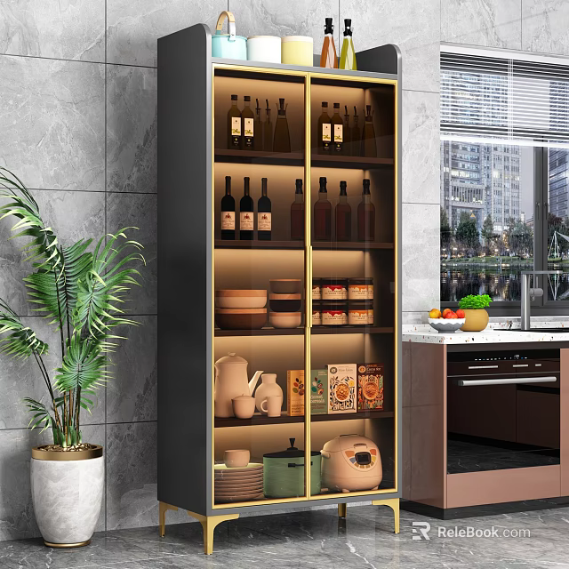 Modern Kitchen Sideboard With Glass Doors And Storage For Wine Bottles Bowls And Food Containers 3d model 