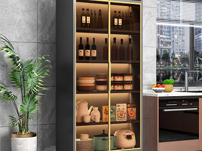 Modern Kitchen Sideboard With Glass Doors And Storage For Wine Bottles Bowls And Food Containers 3d model