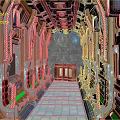 Futuristic Building Corridor Featuring Metallic Structures Colored Lights And Blue Tiled Floor