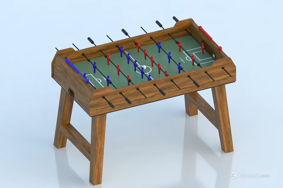 Wooden Foosball Table With Red Blue Players Green Playing Surface And Sturdy Legs 3d model 