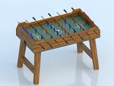 Wooden Foosball Table With Red Blue Players Green Playing Surface And Sturdy Legs 3d model