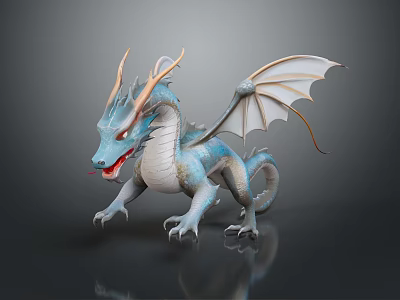 Blue Horned Winged Fantasy Dragon Game and Movie Character with 3D Rendered Claws and Tongue 3d model