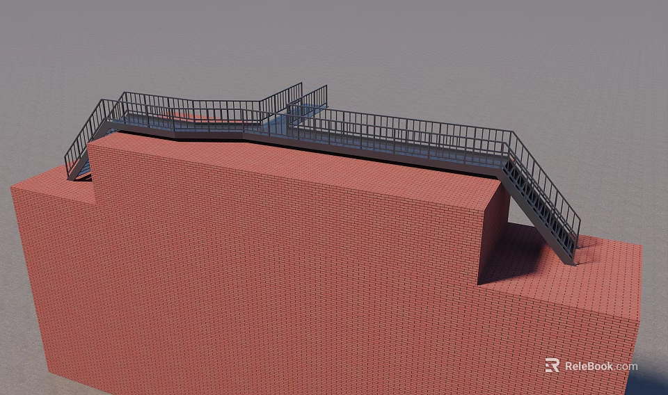 Metal Staircase Against Red Brick Wall With Black Railing Connecting Upper Platforms 3d model