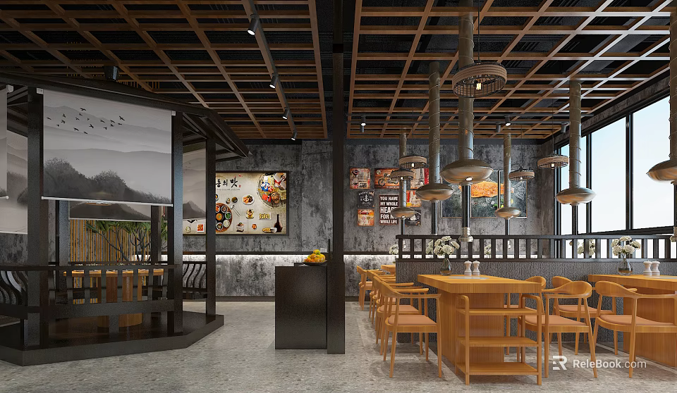 Wooden Ceiling Restaurant Interior With Pendant Lights Counter Wooden Tables And Menu Posters 3d model 
