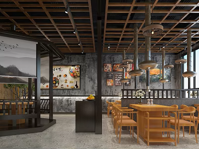 Wooden Ceiling Restaurant Interior With Pendant Lights Counter Wooden Tables And Menu Posters 3d model