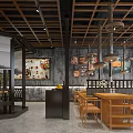 Wooden Ceiling Restaurant Interior With Pendant Lights Counter Wooden Tables And Menu Posters