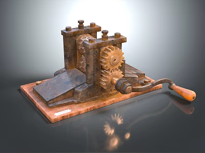 Vintage Commercial Mechanical Equipment With Metal Gears Crank Handle And Wooden Base 3d model