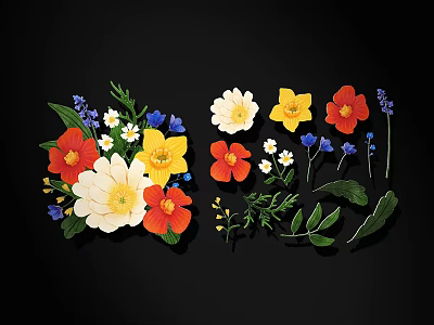 Vibrant Floral Assortment Featuring Red Yellow White Blue Flowers And Green Leaves 3d model