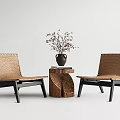 Woven Rattan Leisure Chairs With Black Legs And Wooden Side Table With Plant Vase