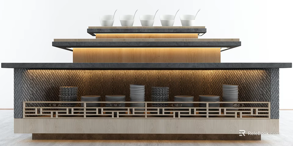 Multi tiered Dish Display Shelf With White Bowls Stacked Plates And Wooden Stone Elements 3d model 