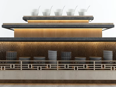 Multi tiered Dish Display Shelf With White Bowls Stacked Plates And Wooden Stone Elements 3d model
