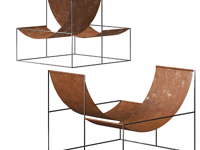 Modern Leisure Chair with Curved Brown Leather Seat and Metal Frame Design 3d model