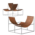 Modern Leisure Chair with Curved Brown Leather Seat and Metal Frame Design