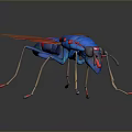 3D Rendered Insect With Blue Red Body Transparent Wings And Beige Legs