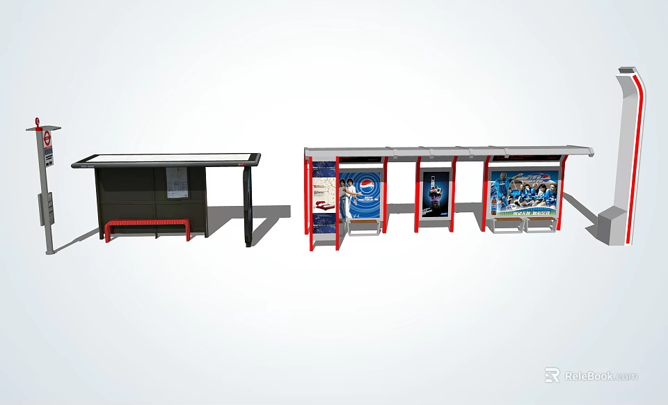 Bus Station Structures With Roof Seats And Multiple Advertisement Posters 3d model 