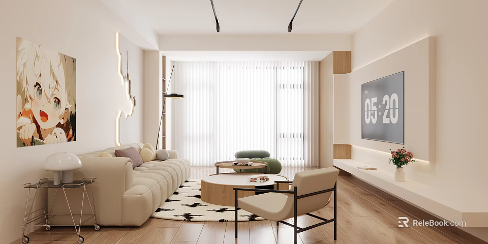 Modern Living Room Interior With Beige Sofa Round Coffee Table Floor-to-ceiling Windows And Wooden Flooring 3d model 