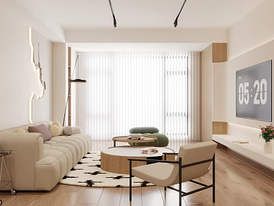 Modern Living Room Interior With Beige Sofa Round Coffee Table Floor-to-ceiling Windows And Wooden Flooring 3d model