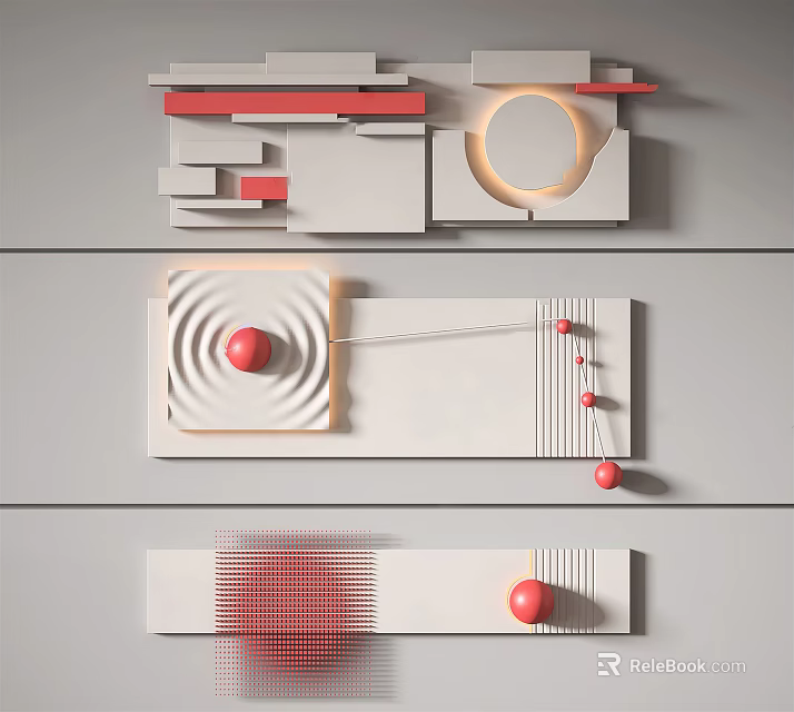 Modern Wall Decor With Geometric Shapes Red Accents And Circular Elements 3d model