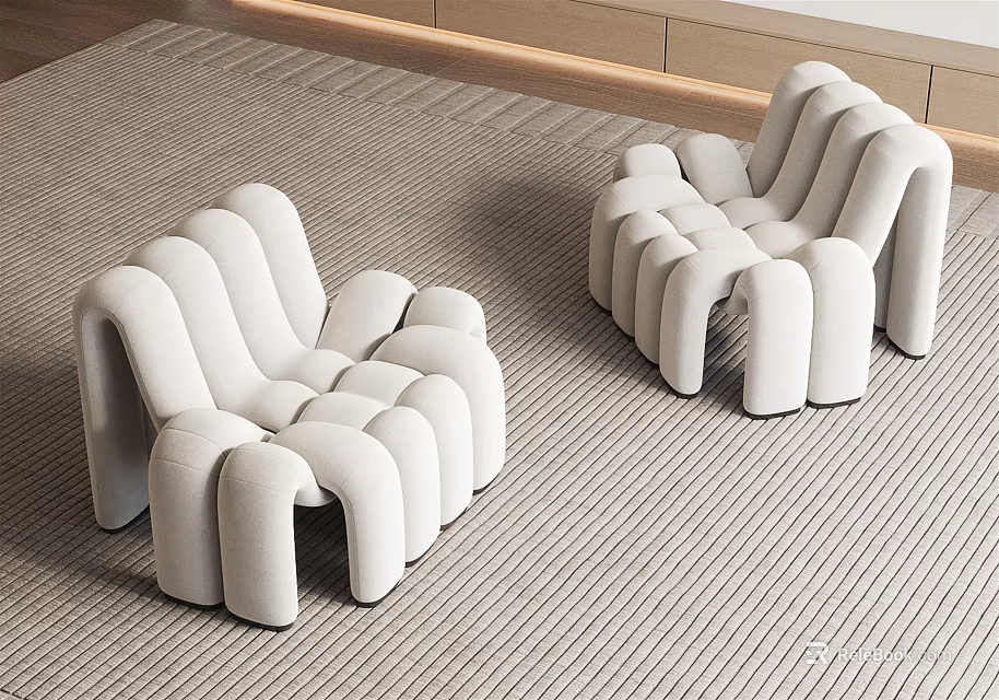 White Modular Lazy Sofa With Curved Tubular Design On Light Gray Striped Carpet 3d model 