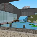 Modern Sales Office Building With Glass Curtain Walls Water Features And Wooden Deck