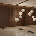 Spacious Yoga Studio With Neat Yoga Mats Wooden Decor Round Pendant Lights And Yoga Balls