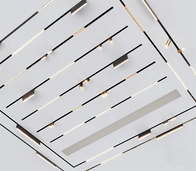 Stylish Interior Ceiling Lighting With Linear Downlights And Spotlights Arrangement 3d model