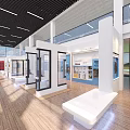 Modern Exhibition Hall Interior With Gray Door White Display Shelves Red Items And Blue Boards