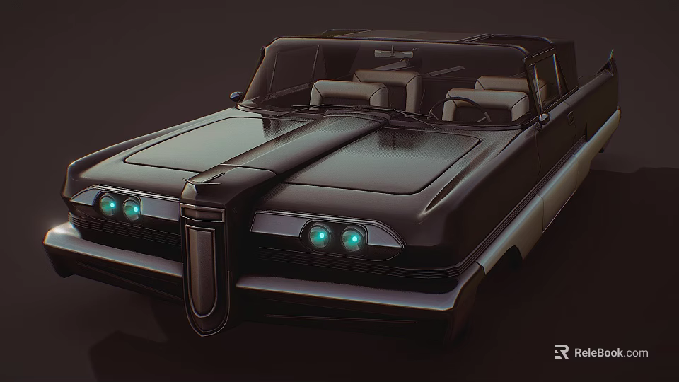 Black Vintage Convertible Car With Green Headlights And Unique Front Design 3d model 