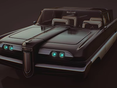 Black Vintage Convertible Car With Green Headlights And Unique Front Design 3d model