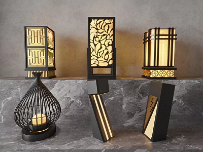 Modern Outdoor Lights with Geometric Patterns Metal Frames and Warm Illuminated Glow for Outdoor Decor 3d model
