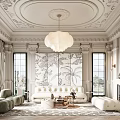 Elegant Living Room With Ornate Ceiling White Chandelier Decorative Mural Plush Sofa Fireplace and Windows