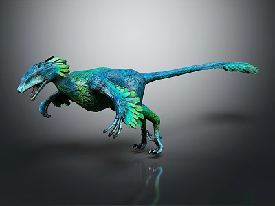 Blue Green Feathered Raptor Dinosaur 3D Character Model Running With Open Mouth And Sharp Claws 3d model
