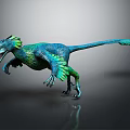 Blue Green Feathered Raptor Dinosaur 3D Character Model Running With Open Mouth And Sharp Claws