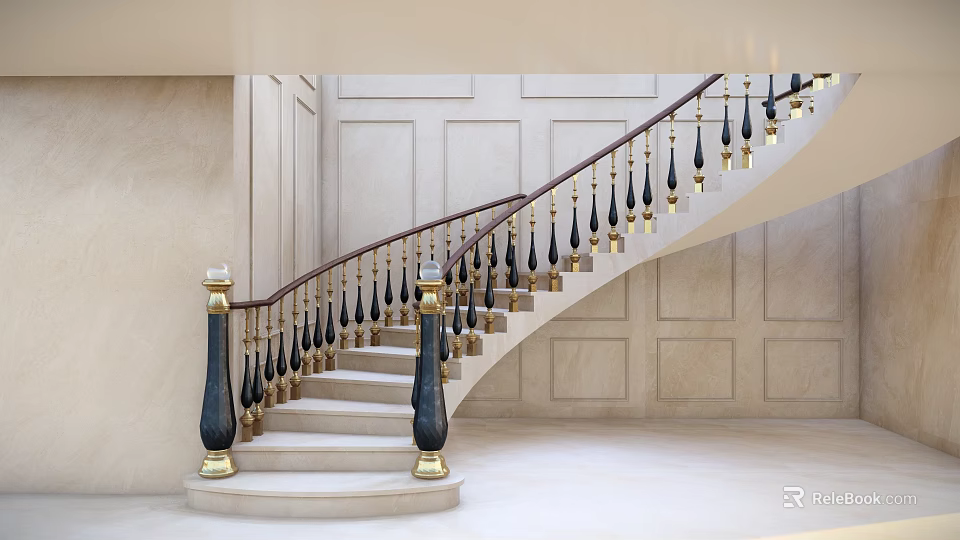 Luxurious Spiral Staircase With Marble Steps Black Balusters Golden Decorations And Paneled Walls 3d model 