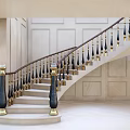 Luxurious Spiral Staircase With Marble Steps Black Balusters Golden Decorations And Paneled Walls