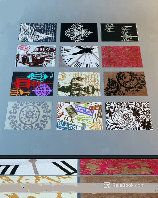 Square Rugs With Various Patterns Including Cars Clocks And Floral Designs 3d model 