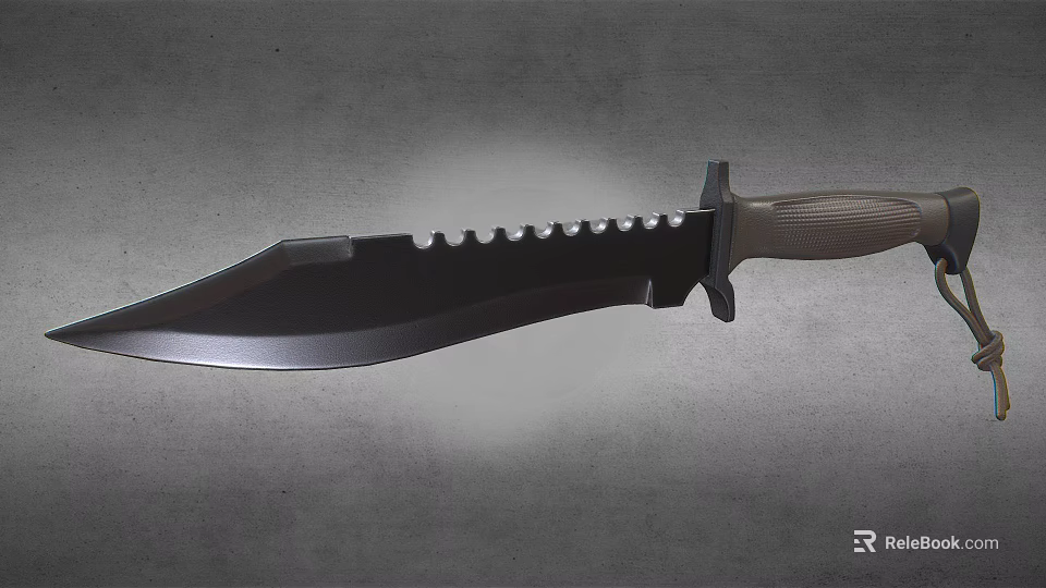 Large Fixed Blade Tactical Knife With Serrated Edge And Gray Handle Design 3d model
