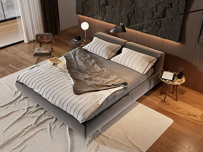Modern Double Bed With Gray Bedding Wooden Floor Headboard Wall Table Lamp And Rug 3d model