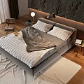 Modern Double Bed With Gray Bedding Wooden Floor Headboard Wall Table Lamp And Rug