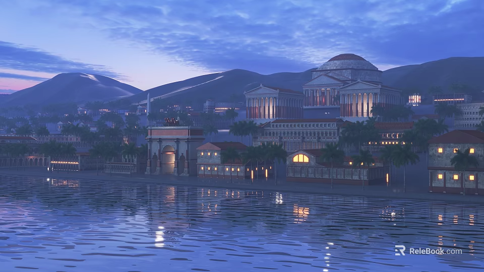 Scenic Ancient Waterfront Architecture With Mountain Background Evening Lights And Reflection 3d model 