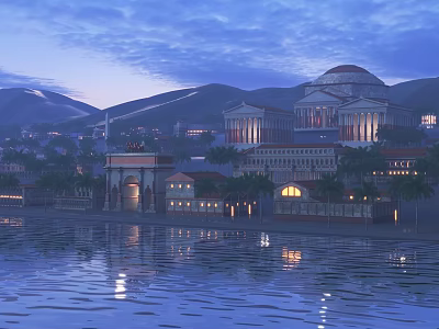 Scenic Ancient Waterfront Architecture With Mountain Background Evening Lights And Reflection 3d model