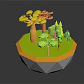 Cartoon Style Island Scene Featuring Yellow Big Trees Green Shrubs And Polygonal Base