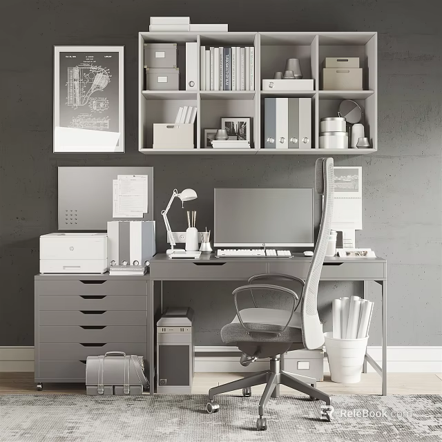 Modern Home Office Desk With Gray Drawers Bookshelf Lamp Computer And Chair 3d model 