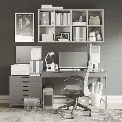 Modern Home Office Desk With Gray Drawers Bookshelf Lamp Computer And Chair 3d model