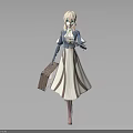 3D Model Blonde Haired Character In Blue White Outfit With Brown Suitcase And Red Boots